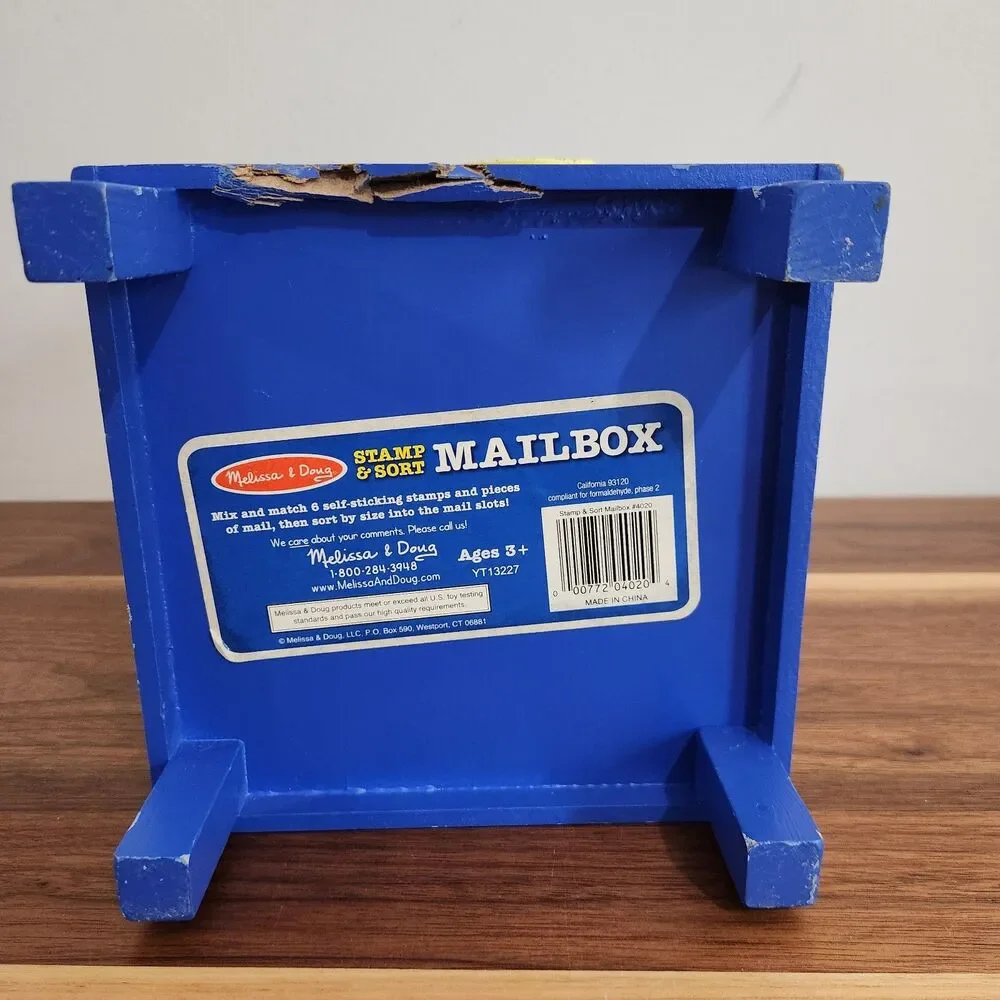 Melissa & Doug Stamp & Sort Post Office Wood Mailbox Letters Stamps Key Postcard